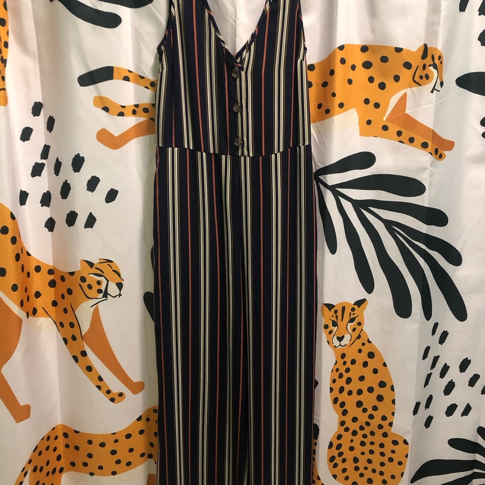 Xhilaration Navy Striped Jumpsuit with Multicolor Accents